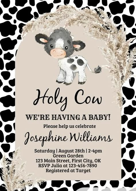 Farm Animal Gender Reveal, Gender Reveal Ideas For Party Cow Theme, Holy Cow Were Having A Baby Shower Theme, Cow Theme Gender Reveal Ideas, Gender Reveal Ideas Cow Theme, Cow Print Gender Reveal, Cow Theme Gender Reveal, Cow Themed Gender Reveal, Cow Baby Shower Ideas