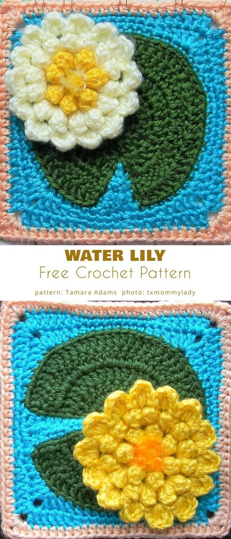 Water Lily Lily Pad Crochet Pattern Free, Nature Themed Granny Squares, Water Lily Granny Square, Crochet Garden Blanket, Lily Pad Granny Square, Frog Granny Square Pattern, Crochet Water Lily Free Pattern, Frog Granny Square Crochet Pattern Free, Succulent Granny Square