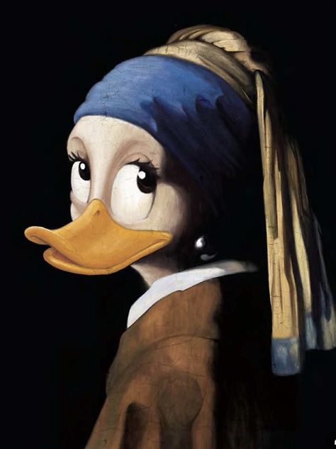 Dadaism Art, Girl With Pearl Earring, Funny Artwork, Girl With A Pearl Earring, Istoria Artei, Art Parody, Johannes Vermeer, Daisy Duck, Pearl Earring