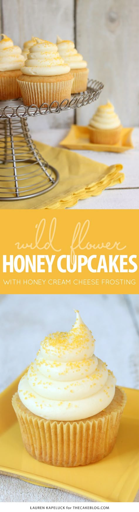 Honey Cupcakes with Honey Cream Cheese Frosting | by Lauren Kapeluck for TheCakeBlog.com Bakery Essentials, Honey Cream Cheese, Flavored Honey, Honey Cupcakes, Satisfying Snacks, Delicious Cupcakes Recipes, Frosting Cake, Honey Cream, Coconut Dessert