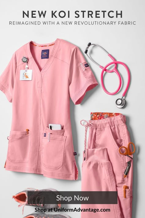 Pink koi Stretch scrub top and matching scrub pants on white background next to pink stethoscope and text at top reading "New koi Stretch: Reimagined with a revolutionary fabric" and Shop Now button at bottom of graphic Medical Scrubs Fashion, Fun Scrubs, Scrub Suit, Stylish Scrubs, Medical Scrubs Outfit, Koi Scrubs, Nurse Inspiration, Nurse Aesthetic, Scrubs Outfit