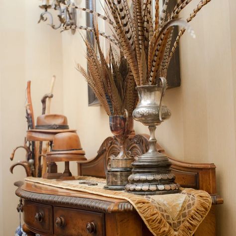 Feather Pictures, Pheasant Feather Decor, Water Centerpieces, Feather Arrangements, Pheasant Feather, Trophy Rooms, Feather Decor, Pheasant Feathers, Living Magazine