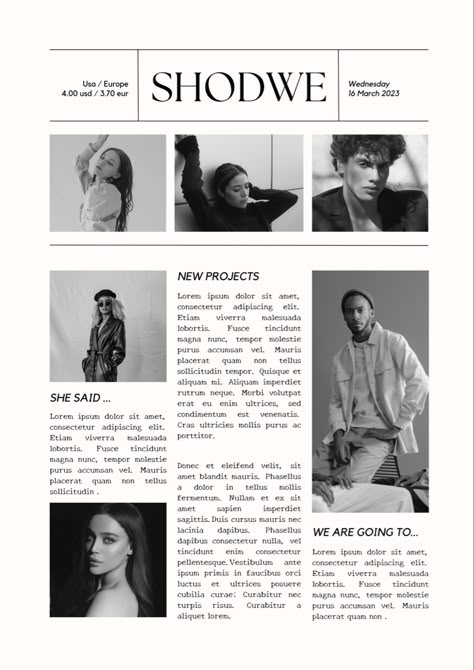 Newspaper Fashion Design, Magazine Examples, Contents Page Design, Fashion Article, Friend Referral, Newspaper Fashion, Fashion Journalism, Newspaper Layout, Portfolio Template Design