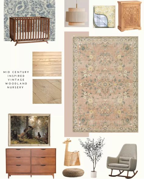 Nursery inspiration for a little girls' woodland themed room. Blush pink floral area rug, animal theme wallpaper. Click to shop! Woodland Girl Nursery, Woodland Girls Room, Baby Girl Woodland Nursery, Woodland Room, Dreamy Living Room, Woodland Nursery Girl, Outdoor Nursery, Girl Woodland, Baby Crown