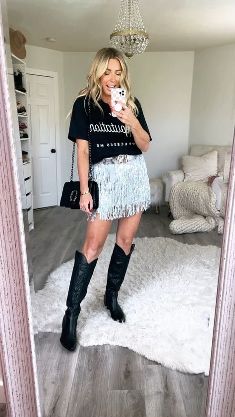 Fringe Skirt With Cowboy Boots, Funny Taylor Swift Eras Tour Outfits, Eras Tour Outfit Ideas Winter, A Lot Going On At The Moment Outfit, Eras Outfit Ideas Reputation, Eras Tour Outfits Leather Pants, Swift Concert Outfit Ideas, Reputation Outfit Ideas Taylor Swift, Rep Inspired Outfits