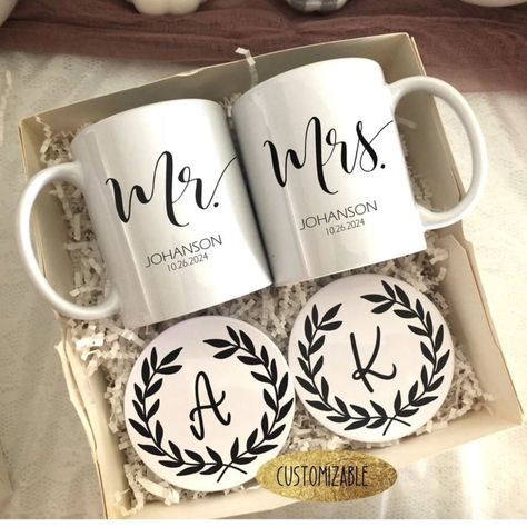 Looking for the perfect gift for couples? Check out these customized mug & ceramic coaster sets! Choose between square or round coasters, and each set includes 2 mugs and 2 coasters. DM me for inquiries! 💛 #photoforinspoonly Future Groom Gifts, His And Her Mugs, Best Wedding Gifts For Bride And Groom, Wedding Gift For Bride And Groom, Wedding Gift Ideas For Bride And Groom, Cricut Wedding Gift Ideas, Wedding Merch, Mr And Mrs Gifts, Mr Mrs Gift