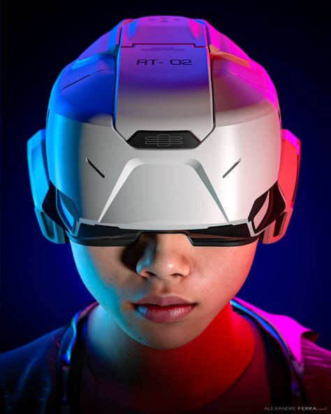 Virtuality Helmet, Alexandre Ferra on ArtStation at https://www.artstation.com/artwork/8lVQOx High Tech Helmet, Helmet Cyberpunk, Vr Helmet, Futuristic Headset, Vr Headset Design, Vr Box, Gadget Tecnologici, Futuristic Vr Headset, Vr Headset Concept