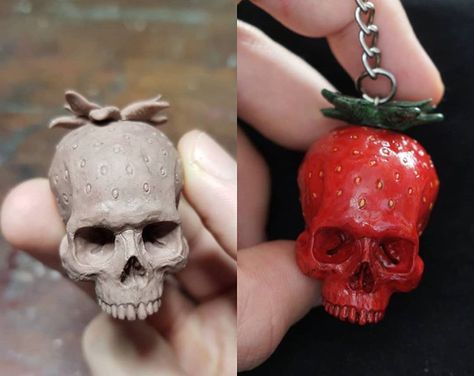 Air Dry Clay Skull Tutorial, Skull Clay Sculpture Easy, Creepy Clay Art Easy, Halloween Sculptures Polymer Clay, Polymer Clay Skull Tutorial, Creepy Polymer Clay Ideas, Skull Strawberry, Creepy Clay Art, Clay Horror