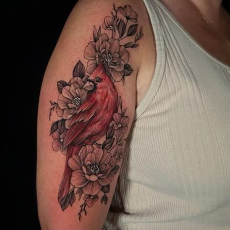 Cardinals And Flowers Tattoos, Cardinal Tattoo With Roses, Cardinal With Sunflower Tattoo, Cardinal Half Sleeve Tattoo, Cardinal Shoulder Tattoos For Women, Cardinal Forearm Tattoo Women, Cardinal And Flower Tattoo Sleeve, Floral Cardinal Tattoo, Memorial Cardinal Tattoo