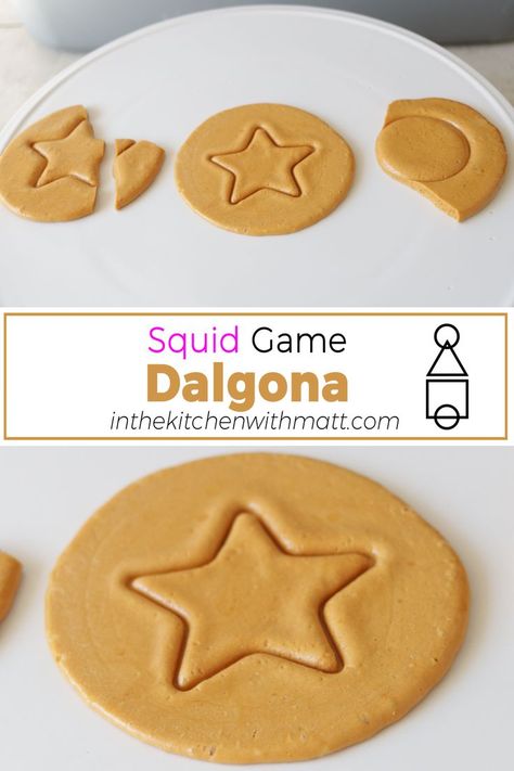 How To Make Sponge Candy, Squid Game Cookie Recipe, How To Make Squid Game Cookies, Squid Game Candy Recipe, Dalgona Cookie Squid Game, Squid Games Cookies, How To Make Dalgona Candy, Squid Game Party Games, Squid Game Cookie