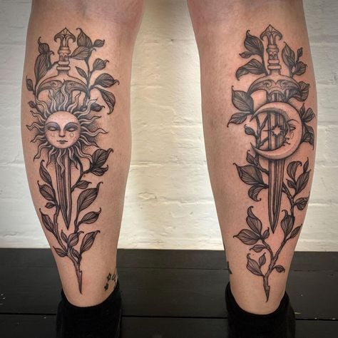 Upper Back Leg Tattoos Women, Patch Leg Sleeve Tattoo, Back Of The Calf Tattoo, Moving Tattoo Ideas Leg, Back Of Calves Tattoo, Matching Calf Tattoos, Symmetrical Calf Tattoo, Nature Leg Sleeve Tattoo, Symmetrical Thigh Tattoos