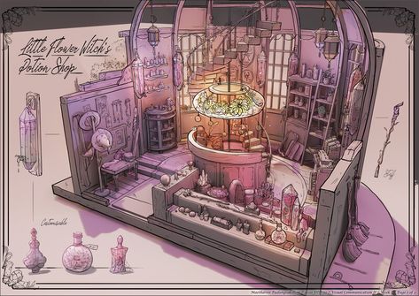 Cutaway Concept Art, Potion Shop, Broom Parking, Casa Fantasy, Interior Concept Art, Witch Illustration, Feng Zhu, Fantasy Architecture, Witch Room