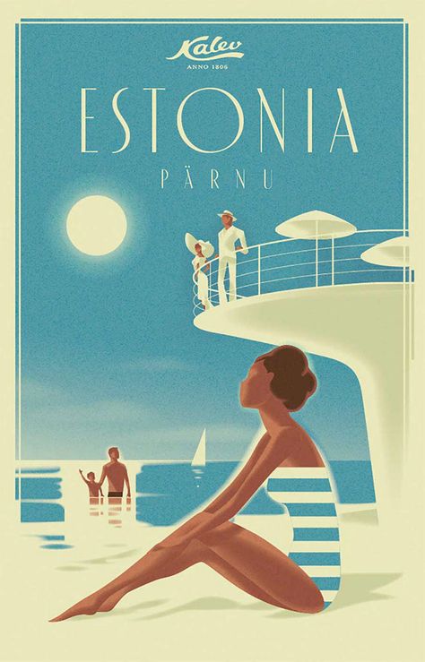 Mads Berg, Arte Art Deco, Art Deco Travel Posters, Art Deco Artwork, Art Deco Illustration, Summer Scenes, Art Deco Poster, Deco Poster, Art Deco Movement