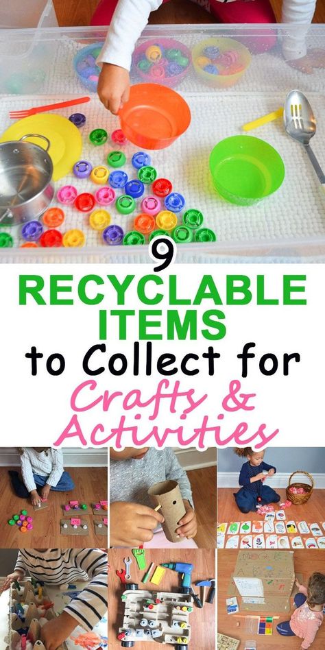 The Top 9 Recyclable Items to Collect for Crafts and Activities – HAPPY TODDLER PLAYTIME Recyclable Items, Recycling Activities, Recycled Crafts Kids, Activities For Children, Toddler Snacks, Recycled Items, Toddler Fun, Fun Activities For Kids, Recycled Crafts