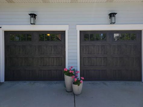 Garage Door Trim Molding, Garage Door Transformation, Garage Door Grey House, New Garage Door Before And After, Garage Skins Before And After, Garage Door Makeover Before And After, Garage Door Trim Ideas, Garage Door Before And After, Black Garage Door Tan House