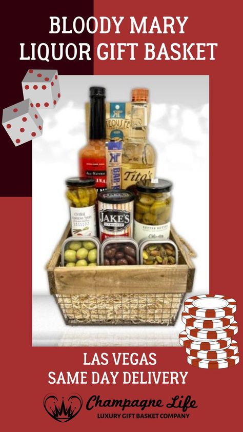 The Bloody Mary Gift Basket is available for same-day delivery in Las Vegas, Nevada. Featuring Tito’s Vodka, Spicy Tomato juice, Stuffed Olives and more! To create a custom Vodka Gift Basket or Bloody Mary Gift Basket, call 702-214-1221. Spicy Tomato Juice, Vodka Gift Baskets, Liquor Gift Baskets, Vegas Gifts, Luxury Gift Basket, Stuffed Olives, Vodka Gifts, Perfect Gift Basket, Liquor Gifts