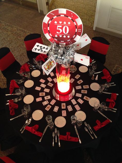 Casino Themed centerpiece Event Casino Theme Dinner Party, Casino Table Centerpieces, Las Vegas Table Centerpieces, Casino Royal Centerpieces, Las Vegas Decorations Ideas, Vegas Themed Table Centerpieces, Casino Night Centerpieces, Casino Birthday Ideas, Casino Centerpieces Ideas