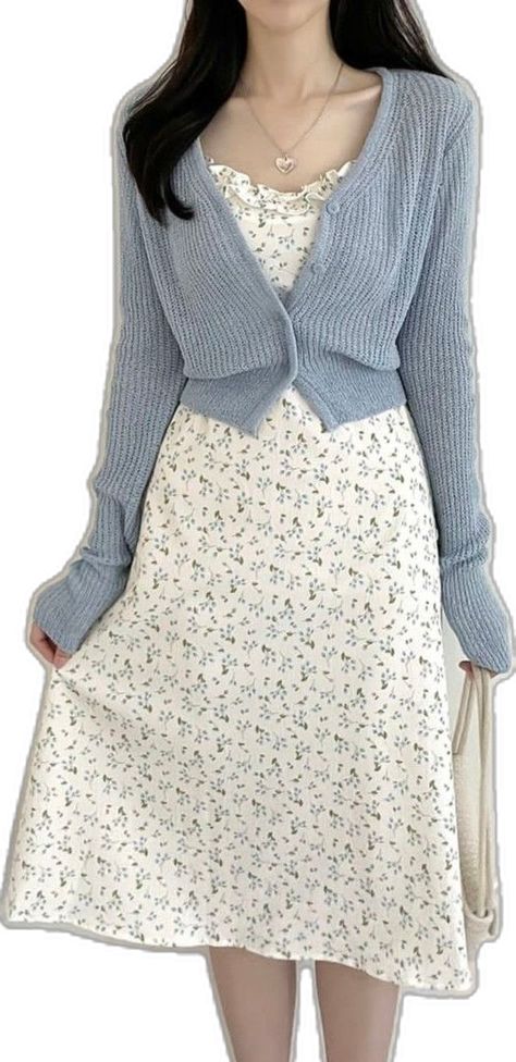 Casual Dress With Cardigan Outfit, Spring Fashion Asian, Light Feminine Aesthetic Outfits Casual, Korean Soft Outfits, Femenine Outfits Style Summer, Feminine Outfit Ideas Girly, Cozy Feminine Outfits, Korean Feminine Outfits, Modest Feminine Outfits Casual