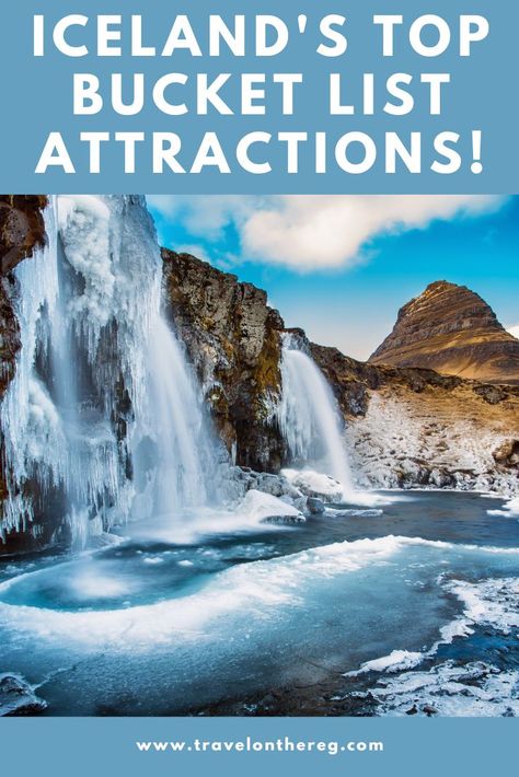 A gushing waterfall and text: Iceland's Top Bucket List Attractions! Iceland Bucket List, Bucket List Challenge, Gullfoss Waterfall, Things To Do In Iceland, Adventurous Things To Do, Iceland Road Trip, Writing Humor, List Challenges, Iceland Trip