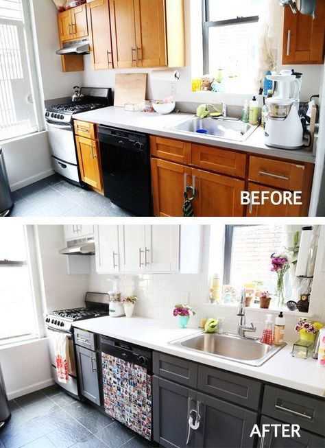 Before & After: 8 Kitchen Makeover Projects | Design on a Budget | Small Changes Big Impact | Tile | Painted Cabinets | White & Bright  | #bedroom #kitchen #home #decoration #before&after Kitchen Makeover Projects, Rental Kitchen Makeover, Before After Kitchen, Rental Kitchen, Kabinet Dapur, Kitchen Diy Makeover, Diy Kitchen Renovation, Kitchen Decorating, Apartment Kitchen