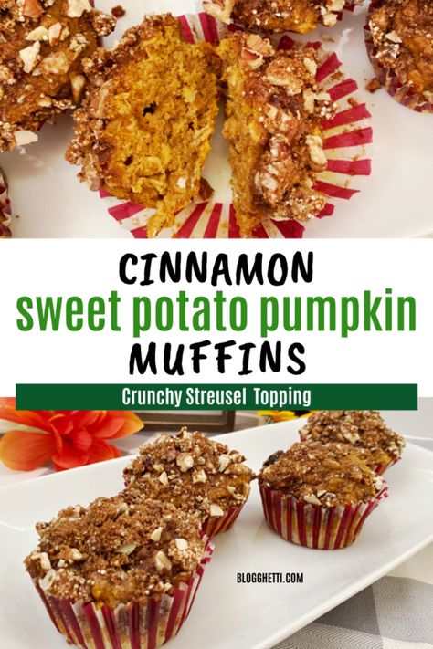 Cinnamon Sweet Potato Pumpkin Muffins are perfect for breakfast or as an afternoon snack. The delicious muffins are super moist, healthy, and so easy to make. Loaded with mashed sweet potatoes, pumpkin, oats, and a delicious sweet crunchy topping, these muffins also make a great breakfast on the go. Freeze a batch to have on hand anytime. Wedges Potato, Sweet Potato Vegetarian, Cinnamon Snack, Sweet Potato Pumpkin, Muffin Breakfast, Pumpkin Sweet Potato, Pumpkin Oats, Delicious Muffins, Potato Muffins