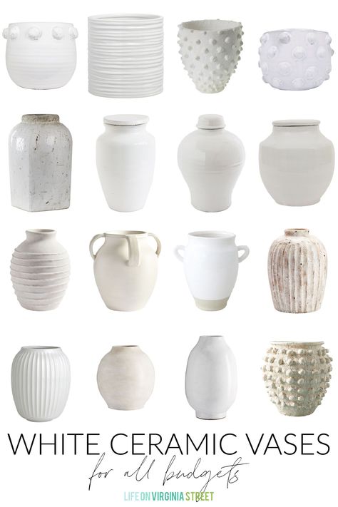 A curated collection of beautiful white ceramic vases and planters that can be used to decorate your home year-round! Includes bubble dot vases, urns, ridged vases, textured planters and more! Bubble Vase Ceramic, White Vases Decor Ideas, Floor Vases Decor, Bubble Planter, White Vase Decor, Farmhouse Accessories, Large White Vase, Large Vases Decor, Farmhouse Vase