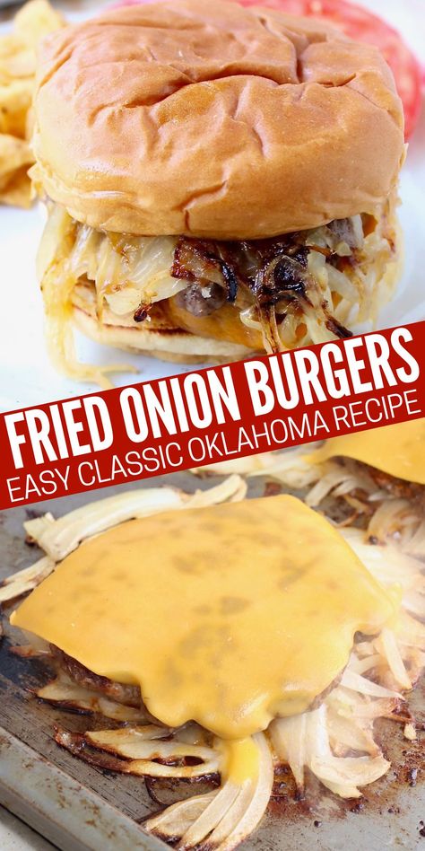 The Oklahoma Fried Onion Burger is a popular recipe from my home state that combines half ground beef and half grilled onions for a deliciously flavorful burger recipe. Growing up, my uncle owned an Onion Fried Burger restaurant in Oklahoma, so I'm here to share all of his tips and tricks! Oklahoma Fried Onion Burger, Fried Onion Burger Recipe, Fried Onion Burgers, Best Hamburger Patty Recipe, Onion Burger Recipe, Burger Sliders Recipes, Onion Fried, Onion Burgers, Delicious Burger Recipes