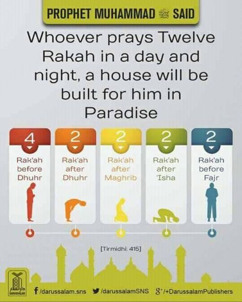 #Pray 12 Rakat after obligatory Prayers and get a house built for you in #Jannah.  2 - before #Fajr 4 - before #Dhuhr and  2 _ after Dhuhr 2 - after #Maghrib   2 - after #Isha. Daily Hadith, Saw Quotes, Tahajjud Prayer, Sunnah Prayers, Islam Lesson, Islam Beliefs, Muhammad Quotes, How To Pray, Islamic Prayer