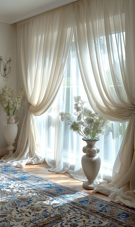 Sheer Curtain Ideas, White Curtains Living Room, Curtain Designs For Bedroom, Romantic Living Room, Elegant Curtains, Stylish Curtains, Home Design Living Room, Curtains Living, Elegant Living Room