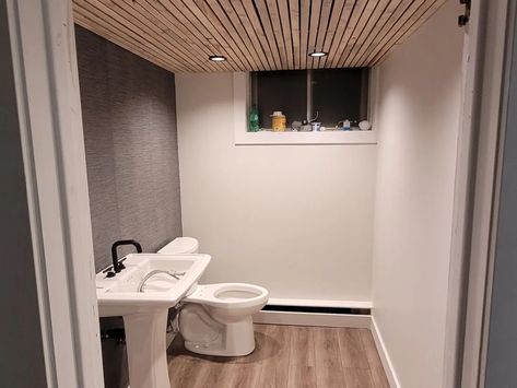 Bathroom reno with rustic wooden slat ceiling Slat Ceiling Bathroom, Wooden Slat Ceiling, Wood Bathroom Ceiling, Slat Ceiling, Wood Slat Ceiling, Ceiling Bathroom, Bathroom Diy, Bathroom Ceiling, Bathroom Reno