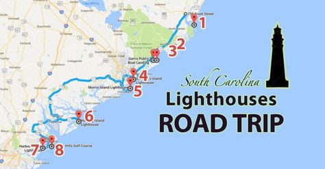 The Lighthouse Road Trip On The South Carolina Coast That’s Dreamily Beautiful Lighthouse Road Trip, South Carolina Lighthouses, East Coast Lighthouses, South Carolina Coast, Hilton Head Island South Carolina, South Carolina Travel, The World Map, East Coast Road Trip, Sullivans Island