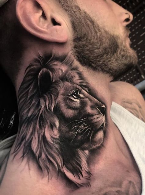 Summoning the Strength of a Lion Full Neck Tattoos, Best Neck Tattoos, Small Neck Tattoos, Body Tattoo Design, Side Neck Tattoo, Mens Lion Tattoo, Tattoos Infinity, Throat Tattoo, Lion Head Tattoos