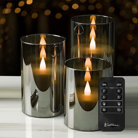 Flickering Flameless Glass LED Candles with Remote Control, 3D Flame Battery Operated Candles in Real Wax for Indoor Use and Home décor, Set of 3: 3"x4", 3"x5", 3"x6" Gray Halloween Centerpieces, Battery Powered Candles, Fake Candles, Candle Power, Glass Candles, Beautiful Halloween, Candlelit Dinner, Flameless Led Candles, Electric Candles