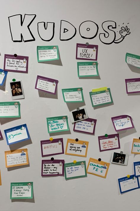 Kudos wall - appreciation post it's stick to a wall to improve appreciation in your team and skyrocket your social connection Kudos Board, Employee Appreciation Board, Social Connection, Office Vibes, Office Whiteboard, London Office, Employee Appreciation, Baby Jesus, Whiteboard