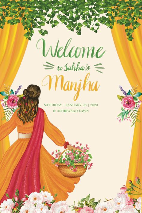 Haldi Ceremony Poster Design Idea Haldi Ceremony Decorations, Wedding Illustration Card, Bride And Groom Cartoon, Wedding Entrance Sign, Wedding Card Design Indian, Indian Wedding Invitation Card Design, Caricature Wedding, Muslim Wedding Invitations, Wedding Welcome Board