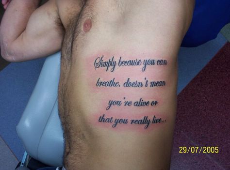 Sentence Tattoo Men, Tattoos On Side, 2007 Tattoo, Sentence Tattoo, Ribs Quotes, Meaningful Word Tattoos, Rib Tattoos For Guys, Scripture Tattoos, Tattoo Quotes For Men