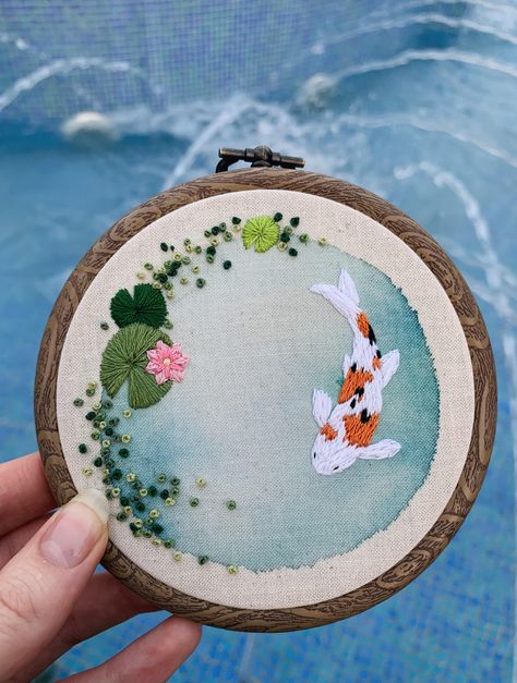 Koi Pond Embroidery Pattern BF1 Kawaii Embroidery Patterns, Crystal Embroidery Designs, Cool Embroidery Ideas, Animal Crossing Embroidery, Pond Embroidery, Cool Embroidery Designs, Anime Embroidery, Pola Sulam, Embroidery On Clothes