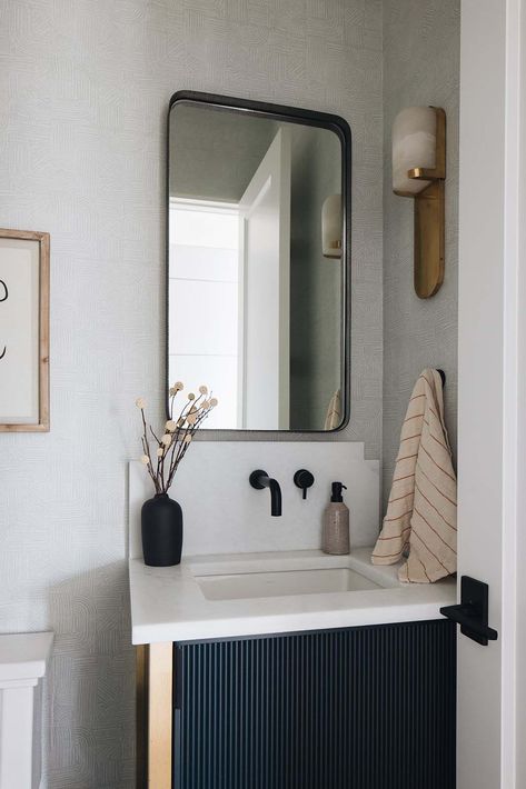 Modern Colonial House, Antique Brass Faucet, Kate Marker Interiors, Blue Mosaic Tile, Oil Rubbed Bronze Hardware, Matte Black Faucet, Black Sconces, Modern Colonial, Black Faucet