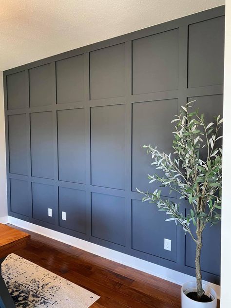 Board And Batten Wall Design Bedroom, Batten Board Walls Black, Black Bedroom Board And Batten Wall, Hardy Board Interior Walls, Wainscoting Square Grid, Accent Wall Grey Floors, Plain Wall Decoration Ideas, Dark Green Waynes Coating, Family Room With Dark Accent Wall