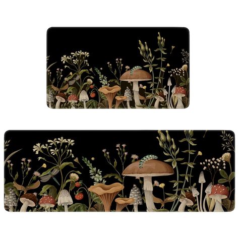 PRICES MAY VARY. 【Perfect Size】The Black Mushroom kitchen mats set of 2 include1 kitchen rug 17 x 29 inches and 1 kitchen rug runner 17 x 47 inches. These sizes are suit for for kitchen floor, standing desk, office or laundry. 【Premium Material】The Spring kitchen rug is made of 100% linen that is low-profile and backed with non-slip recycled rubbe. The premium material is very eco-friendly,durable,not easy to get stain, non-slip, and absorb water. 【Easy to Clean】The material repels water, liquid Moody Vintage Kitchen, Boho Sink, Moody Boho Decor, Boho Witch Decor, Mushroom Things, Mushroom Bedroom, Kitchen Sink Mat, Mushroom Kitchen, Moody Kitchen