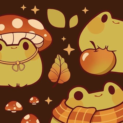 Frog And Mushroom Art, Frog Core, Frog Background, Frogs And Mushrooms, Autumn Pfp, Adorable Doodles, October Moodboard, Fall Mushrooms, Halloween Widget