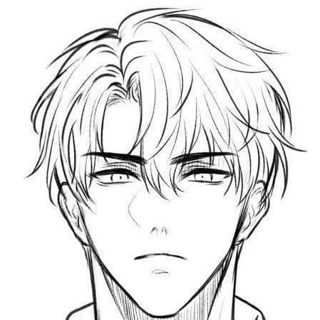 Drawing References Male Face, Three Quarter View Face Drawings, Male Face Reference Drawing Front View, Hair Ideas Male Drawing, Anime Face Guide, Male Bangs Drawing, Flirty Eyes Drawing, Hair Boys Drawings, Side Profile Reference Full Body Male