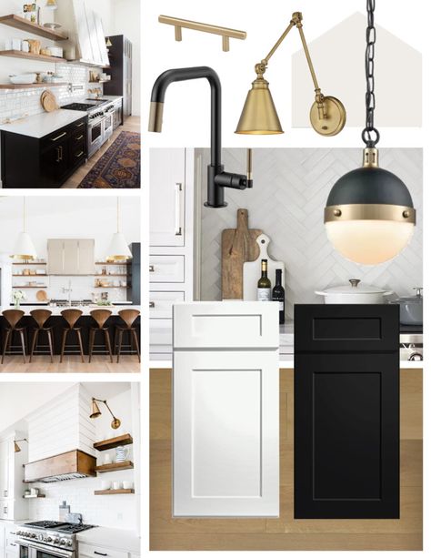 Black and Gold Kitchen Design Inspiration White Black And Gold Interior, White Black Gold Kitchen Ideas, Kitchen With Black And Gold Hardware, Kitchen Black Gold And White, Black And Gold Kitchen Fixtures, Kitchen With Black Faucet And Gold Hardware, Gold And Black Fixtures Kitchen, Black Cream And Gold Kitchen, Black And White Kitchen Mood Board