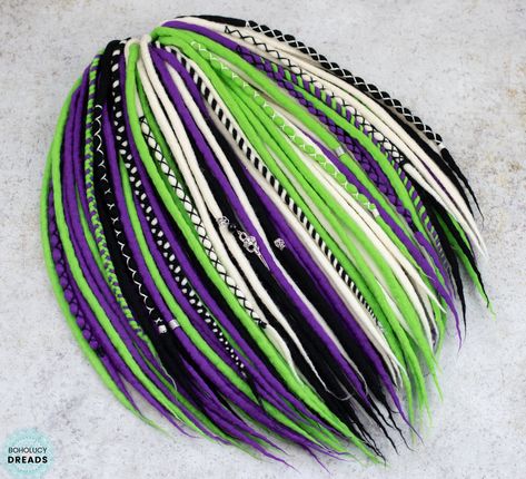 Braids And Twists, Wool Dreadlocks, Two Buns, Double Ended Dreads, Wool Dreads, Purple Neon, Neon Hair, Onyx Crystal, Raven Skull