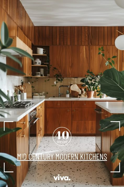 ♥ Are you dreaming of a stylish Mid Century Modern kitchen for your home? Explore this stunning design featuring a mcm kitchen island, chairs, and floor, with moody colors and a sleek design. Perfect for lovers of mid century modern interiors and kitchen decor ideas! 🏡🌟 #MidCenturyModern #ModernKitchen #KitchenDesign #HomeDecor #InteriorDesign #KitchenIdeas Mid Century Kitchen Sink, Mid Century Kitchen Sink Ideas, Mid Century Modern Kitchen Dark Countertops, 80s Kitchen Aesthetic, Mid Century Modern Kitchen Brown Cabinets, Kitchen Tiles Mid Century, Kitchen Island Chairs, Kitchen Glam, 60s Kitchen