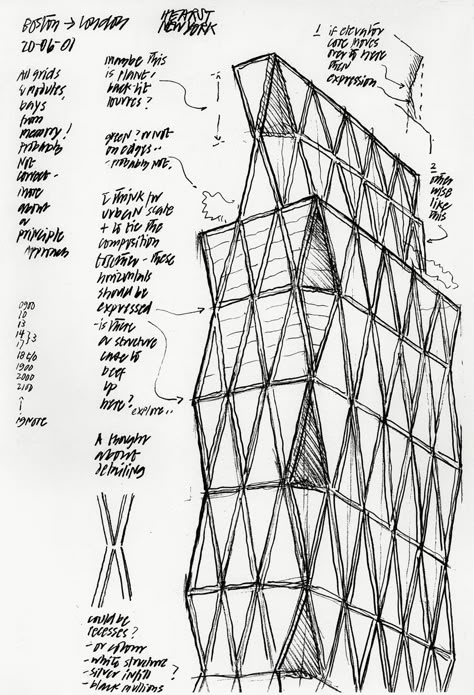 Hearst Tower sketch by Norman Foster Associates Hearst Tower Sketch, Norman Foster Sketch, Tower Sketch, Norman Foster Architecture, Hearst Tower, Sketchbook Portfolio, William Randolph Hearst, Fluted Columns, Columbus Circle