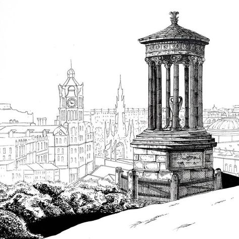 An iconic view of Edinburgh illustrated in ink. Degas Drawings, A3 Frame, Stunning Architecture, Scottish Art, Scottish Gifts, Ink Illustration, White Prints, Architecture Illustration, Black And White Prints