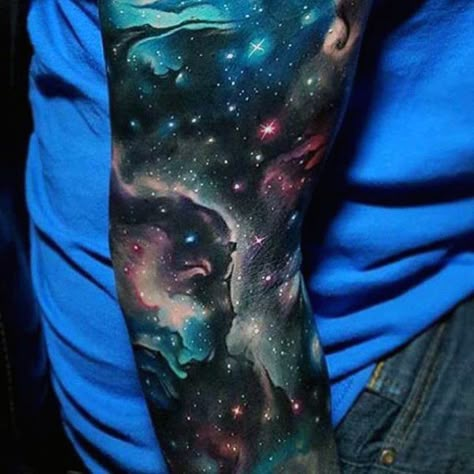 Awesome Universe Outer Space Sleeve Tattoos For Men Cosmo Tattoo, Galaxy Tattoo Sleeve, Space Tattoo Sleeve, Tattoo Space, Nebula Tattoo, Astronomy Tattoo, Cosmic Tattoo, Universe Tattoo, Planet Tattoos