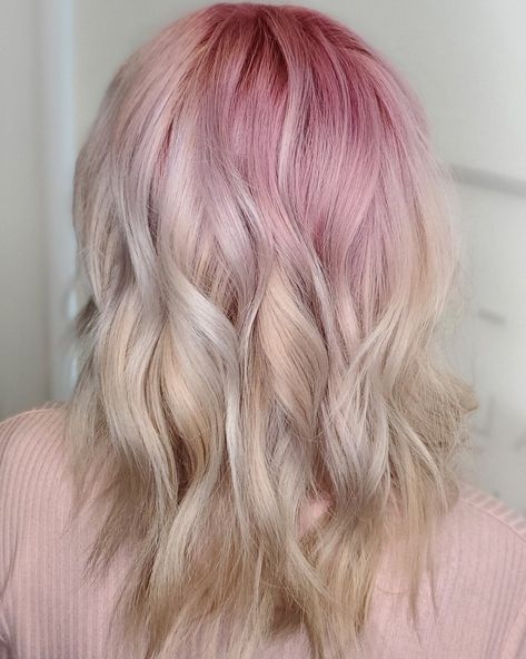 Light pink rooted color Smudged out to a rosé blonde. Pink Root Smudge, Pink Shadow Roots Blonde Hair, Pink Shadow Root, Pink Roots Blonde Hair, Pink Hair Shadow Root, Pastel Pink Hair With Shadow Root, Pastel Pink With Dark Roots, Rose Blonde, Root Stretch