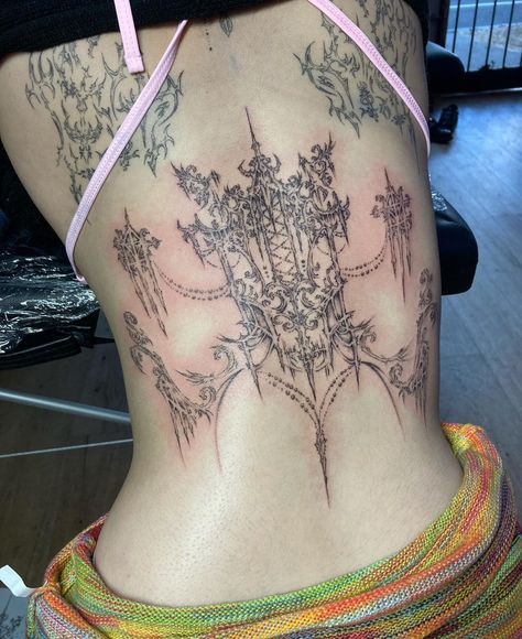 Baroque Tattoos, Cherubim Tattoo, Back Tattoo Sigilism, Aggrogoth Tattoo Back, Cybersigilism Tattoo Back Design, Cybersigilism Back Tattoo Wings, Back Cybersigilism Tattoo, Ornate Tattoo, Baroque Tattoo